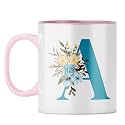 YuBingo Personalized Floral Mug - Elegant A Monogram, Pink Inner &amp; Handle (Pink Inner &amp; Handle, Tea Cup, 310ML)
