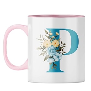 yubingo personalized floral mug - elegant p monogram pink inner amp handle pink inner amp handle tea cup 310ml