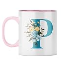 YuBingo Personalized Floral Mug - Elegant P Monogram, Pink Inner &amp; Handle (Pink Inner &amp; Handle, Tea Cup, 310ML)