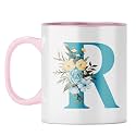 YuBingo Personalized Floral Mug - Elegant R Monogram, Pink Inner &amp; Handle (Pink Inner &amp; Handle, Tea Cup, 310ML)