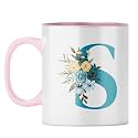 YuBingo Personalized Floral Mug - Elegant S Monogram, Pink Inner &amp; Handle (Pink Inner &amp; Handle, Tea Cup, 310ML)