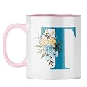 YuBingo Personalized Floral Mug - Elegant T Monogram, Pink Inner &amp; Handle (Pink Inner &amp; Handle, Tea Cup, 310ML)