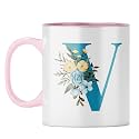 YuBingo Personalized Floral Mug - Elegant V Monogram, Pink Inner &amp; Handle (Pink Inner &amp; Handle, Tea Cup, 310ML)