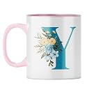 YuBingo Personalized Floral Mug - Elegant Y Monogram, Pink Inner &amp; Handle (Pink Inner &amp; Handle, Tea Cup, 310ML)