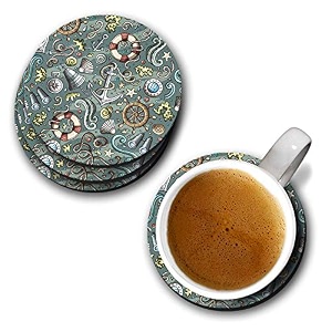 yubingo sea green pattern designer printed coasters mdf wooden set of 6 95 cm diameter round