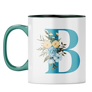 yubingo stylish initial b mug - personalized floral gift dark green inner amp handle dark green inner amp handle tea cup 310ml