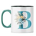 YuBingo Stylish Initial B Mug - Personalized Floral Gift, Dark Green Inner &amp; Handle (Dark Green Inner &amp; Handle, Tea Cup, 310ML)