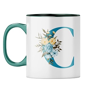 yubingo stylish initial c mug - personalized floral gift dark green inner amp handle dark green inner amp handle tea cup 310ml