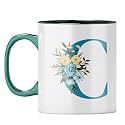 YuBingo Stylish Initial C Mug - Personalized Floral Gift, Dark Green Inner &amp; Handle (Dark Green Inner &amp; Handle, Tea Cup, 310ML)