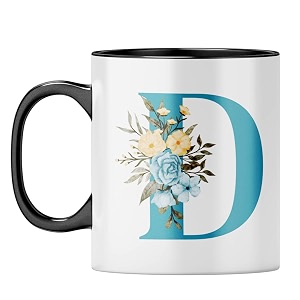 yubingo stylish initial d mug - personalized floral gift dark green inner amp handle dark green inner amp handle tea cup 310ml