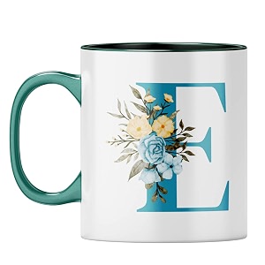 yubingo stylish initial e mug - personalized floral gift dark green inner amp handle dark green inner amp handle tea cup 310ml