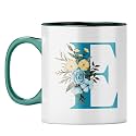 YuBingo Stylish Initial E Mug - Personalized Floral Gift, Dark Green Inner &amp; Handle (Dark Green Inner &amp; Handle, Tea Cup, 310ML)