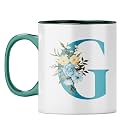 YuBingo Stylish Initial G Mug - Personalized Floral Gift, Dark Green Inner &amp; Handle (Dark Green Inner &amp; Handle, Tea Cup, 310ML)