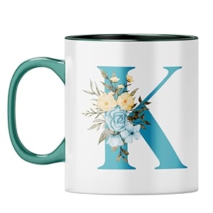 yubingo stylish initial k mug - personalized floral gift dark green inner amp handle dark green inner amp handle tea cup 310ml