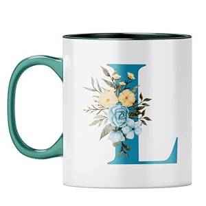 yubingo stylish initial l mug - personalized floral gift dark green inner amp handle dark green inner amp handle tea cup 310ml