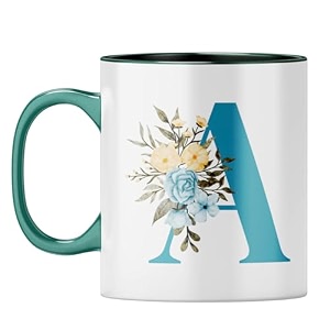 yubingo stylish initial a mug - personalized floral gift dark green inner amp handle dark green inner amp handle tea cup 310ml