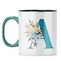 YuBingo Stylish Initial A Mug - Personalized Floral Gift, Dark Green Inner &amp; Handle (Dark Green Inner &amp; Handle, Tea Cup, 310ML)