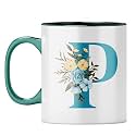 YuBingo Stylish Initial P Mug - Personalized Floral Gift, Dark Green Inner &amp; Handle (Dark Green Inner &amp; Handle, Tea Cup, 310ML)