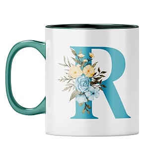 yubingo stylish initial r mug - personalized floral gift dark green inner amp handle dark green inner amp handle tea cup 310ml