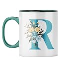 YuBingo Stylish Initial R Mug - Personalized Floral Gift, Dark Green Inner &amp; Handle (Dark Green Inner &amp; Handle, Tea Cup, 310ML)