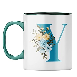 yubingo stylish initial y mug - personalized floral gift dark green inner amp handle dark green inner amp handle tea cup 310ml