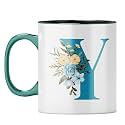 YuBingo Stylish Initial Y Mug - Personalized Floral Gift, Dark Green Inner &amp; Handle (Dark Green Inner &amp; Handle, Tea Cup, 310ML)