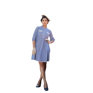 YUFTA Blue Cotton Check Short Dress 1801DRSBL