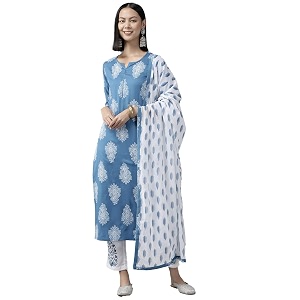YUFTA Women Sky Blue Floral Straight Kurta