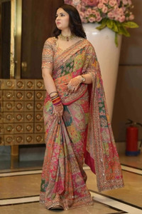 YUG ART Printed Embellished Bollywood Silk Blend