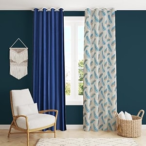 polyester feather printed curtains 6 feet long set of 2 for window amp door living room bedroom  eyelet  parda  navy blue