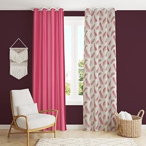 polyester feather printed curtains 8 feet long set of 2 for window amp door living room bedroom  eyelet  parda  pink