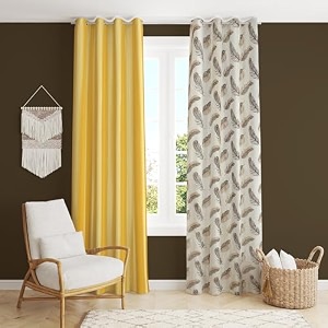 polyester feather printed curtains 8 feet long set of 2 for window amp door living room bedroom  eyelet  parda  coffee amp yellow