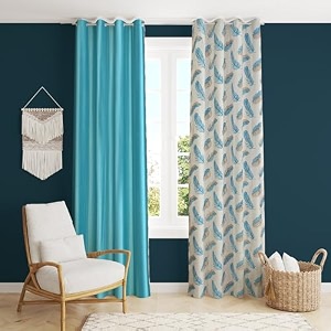 polyester feather printed curtains 9 feet long set of 2 for window amp door living room bedroom  eyelet  parda  aqua blue