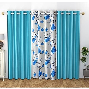 yukany polyester floral grommet curtains 2 plain  1 printed combo curtains aqua blue 5 feet pack of 3