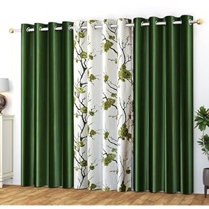 polyester floral grommet curtains 2 plain  1 printed combo curtains dark green 7 feet pack of 3