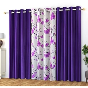 polyester floral grommet curtains 2 plain  1 printed combo curtains purple 6 feet pack of 3