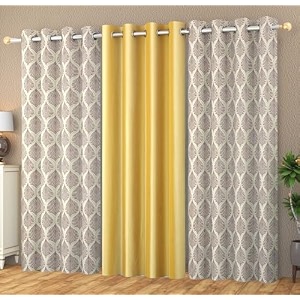 polyester floral eyelet 2 plain  1 printed combo curtains brown amp yellow 9 feet pack of 3