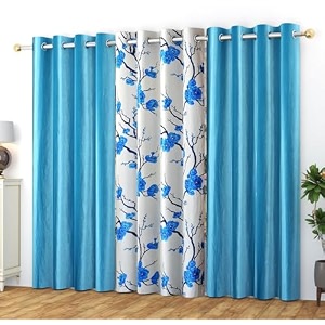 polyester floral grommet curtains 2 plain  1 printed combo curtains aqua blue 6 feet pack of 3