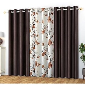 polyester floral grommet curtains 2 plain  1 printed combo curtains coffee brown 8 feet pack of 3
