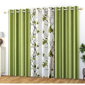 polyester floral grommet curtains 2 plain  1 printed combo curtains pista green 8 feet pack of 3
