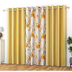 yukany polyester floral grommet curtains 2 plain  1 printed combo curtains orange amp yellow 9 feet pack of 3