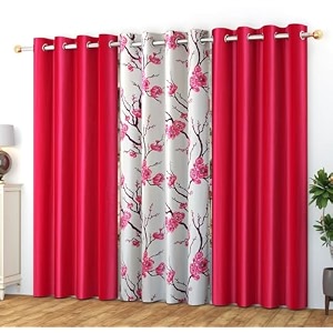 polyester floral grommet curtains 2 plain  1 printed combo curtains pink 7 feet pack of 3