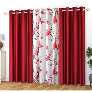 polyester floral grommet curtains 2 plain  1 printed combo curtains maroon red 9 feet pack of 3