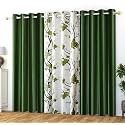 Polyester Floral Grommet Curtains (2 Plain + 1 Printed) Combo Curtains, Dark Green, 6 Feet, Pack of 3