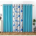 YUKANY Polyester Floral Grommet Curtains (2 Plain + 1 Printed) Combo Curtains, Aqua Blue, 5 Feet, Pack Of 3