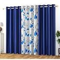 Polyester Floral Grommet Curtains (2 Plain + 1 Printed) Combo Curtains, Navy Blue, 5 Feet, Pack of 3