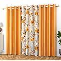 YUKANY Polyester Floral Grommet Curtains (2 Plain + 1 Printed) Combo Curtains, Orange, 5 Feet, Pack Of 3