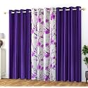 Polyester Floral Grommet Curtains (2 Plain + 1 Printed) Combo Curtains, Purple, 6 Feet, Pack of 3