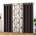 Polyester Floral Grommet Curtains (2 Plain + 1 Printed) Combo Curtains, Coffee Brown, 8 Feet, Pack of 3