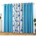 Polyester Floral Grommet Curtains (2 Plain + 1 Printed) Combo Curtains, Aqua Blue, 5 Feet, Pack of 3